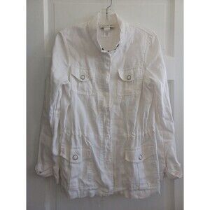 Jones NY white linen anorak jacket M zip snap pockets beach summer